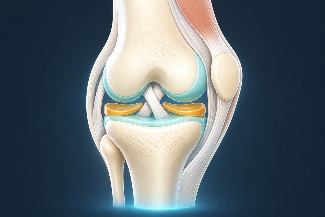 Diagramma anatomico contemporaneo del ginocchio su sfondo scuro: femore, tibia, rotula, cartilagine e legamenti
