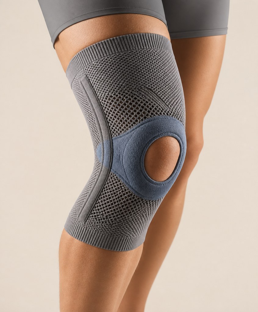 Bauerfeind GenuTrain Comfort colore titan con anello Omega+ in silicone intorno alla rotula